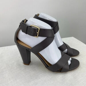 J.Crew Gray Mari Leather Strappy Heeled Sandals Gold Buckle Size 8 Made in Italy